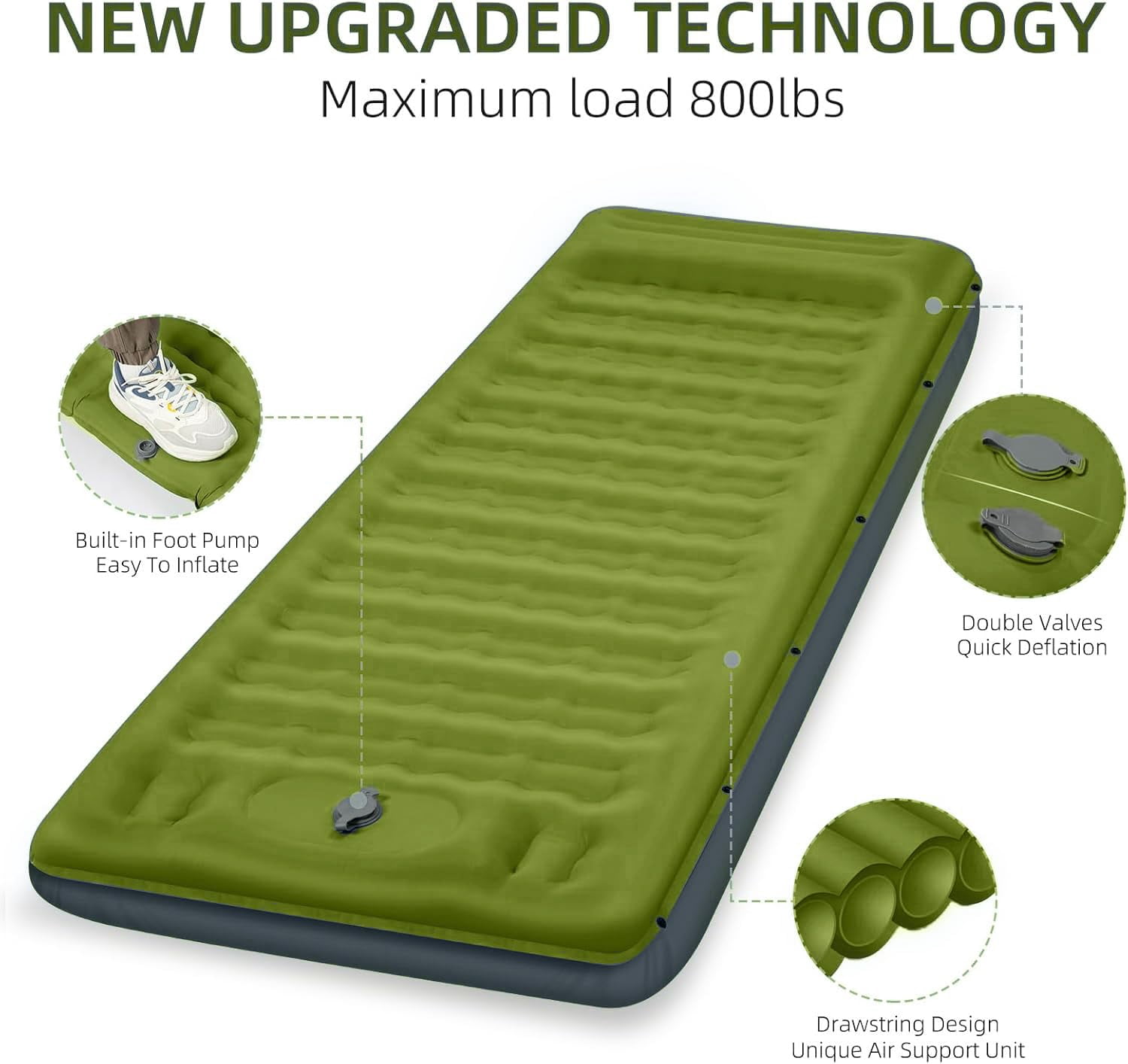 Camping Sleeping Pad, Extra Thick 5 Inch Camping Mat with Pillow Built-in Foot Pump Inflatable Sleeping Pads Compact for Camping Backpacking Hiking Traveling Tent（Green）