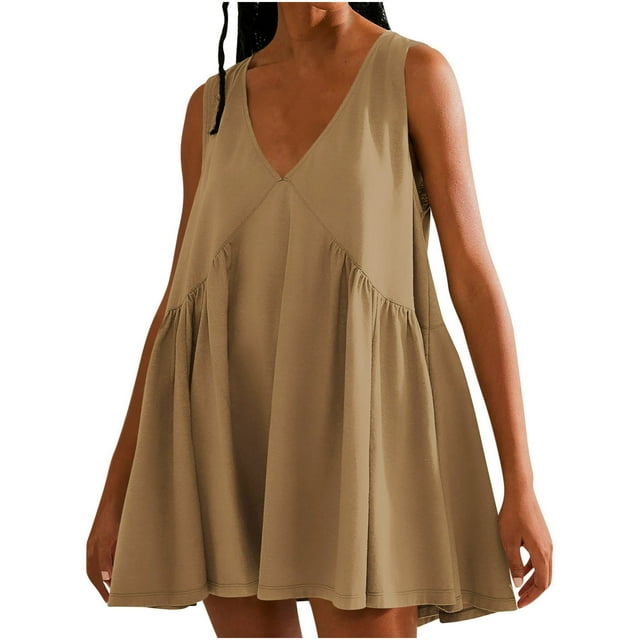 VEKDONE Mode Femmes Été Décontracté Uni Col en V Sans Manches Robe Mini Kaki TG
