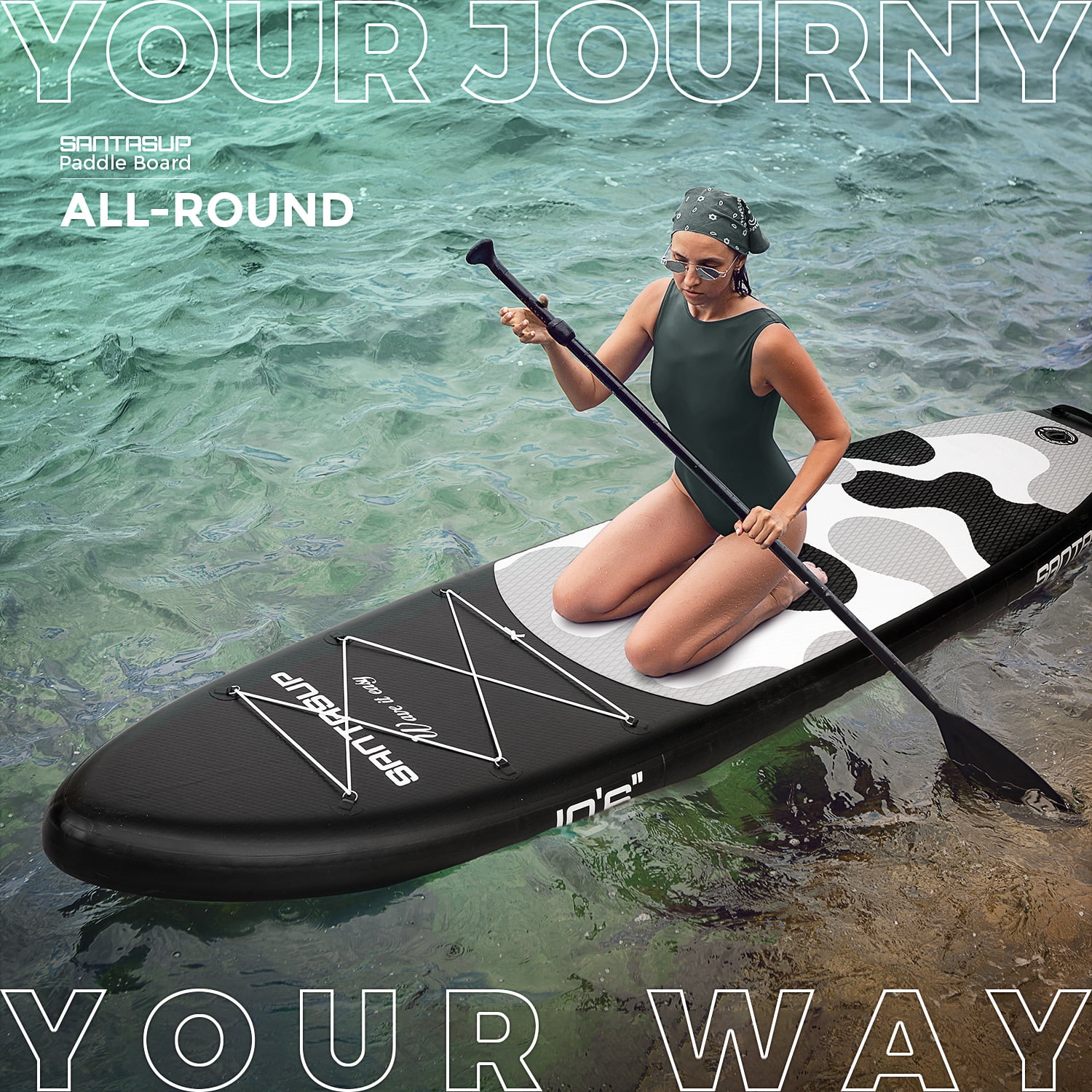 Santasup Inflatable Paddle Board, Black White Stand Up Paddle Boards for Adults, Sup Board for Fishing, Wide Stance for All Levels, Sup Accessories with Double Action Pump