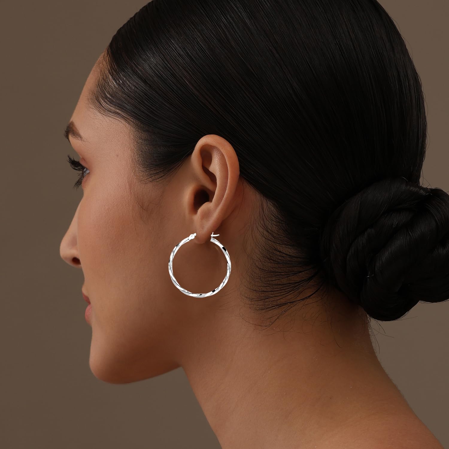 LeCalla Sterling Silver Hoop Earrings, Anti-Tarnish, 40mm, Twisted Round Click Top Design (Women's)