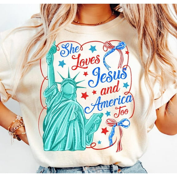 She Loves Jesus and America Too T-Shirt, Faith and Freedom Tee, Retro 4th of July Christian
