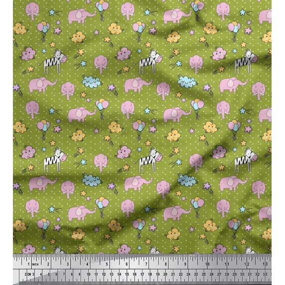 Soimoi Polyester Crepe Fabric Cloud,Star & Cute Elephant Kids Printed Fabric 1 Yard 42 Inch Wide