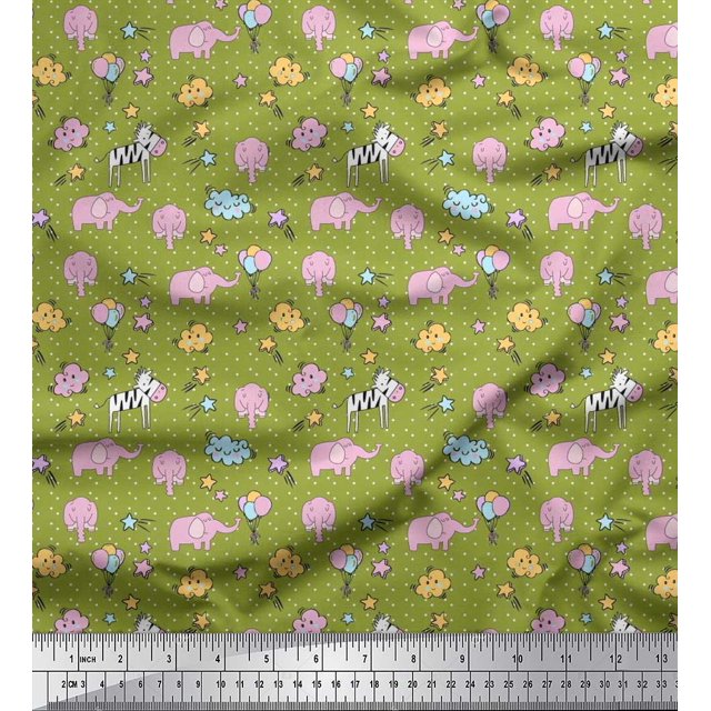Soimoi Poly Georgette Fabric Cloud,Star & Cute Elephant Kids Print Sewing Fabric Yard 42 Inch Wide
