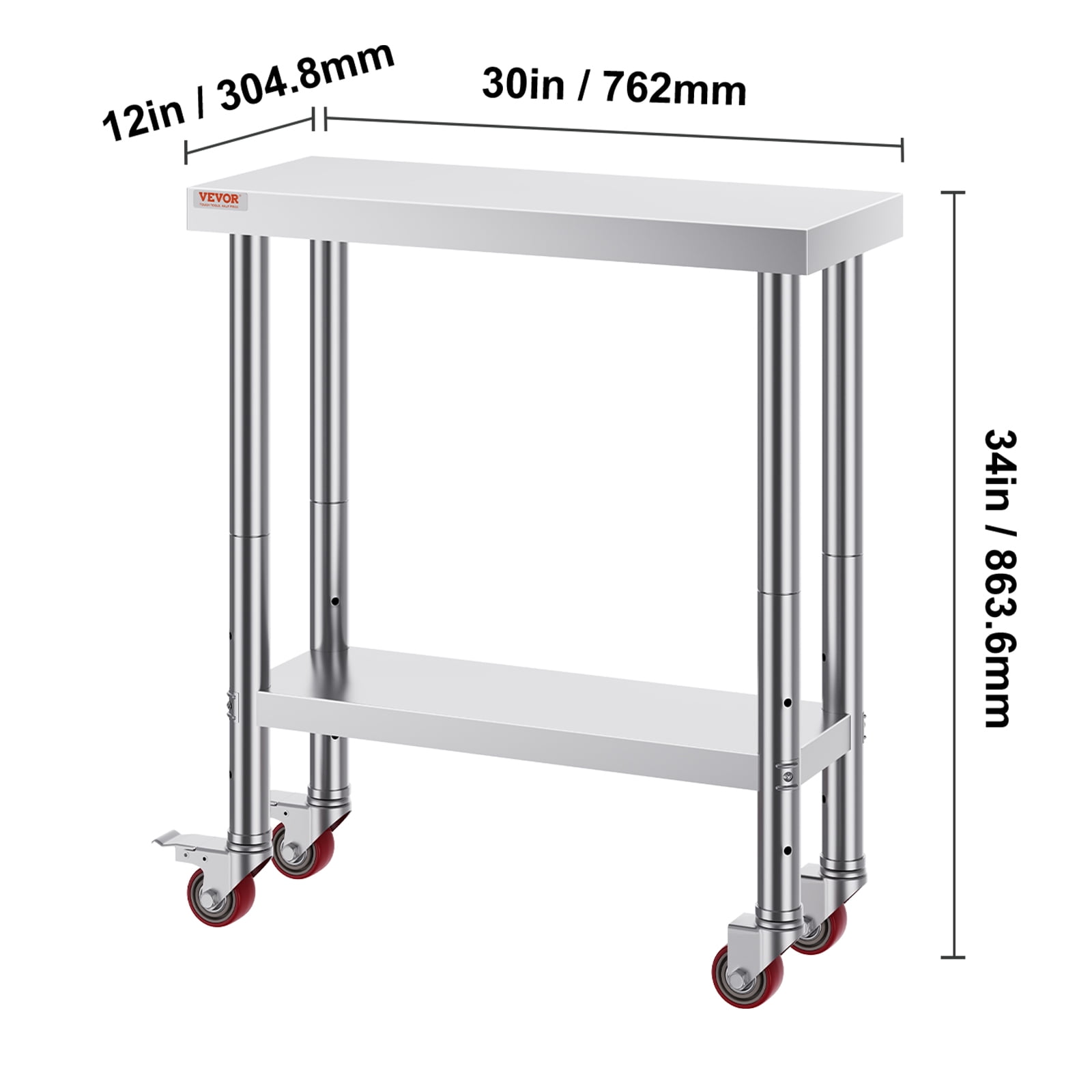 VEVOR Stainless Steel Work Table 30 x 12 x 34 Inch, 700 LBS Load Capacity with 4 Wheels, 3 Adjustable Height Levels, Heavy Duty Food Prep Worktable for Commercial Kitchen Restaurant, Silver