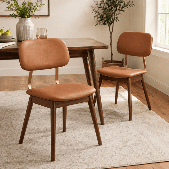 Mid-Century Modern Faux Leather Dining Chairs, Brown, Set of 2