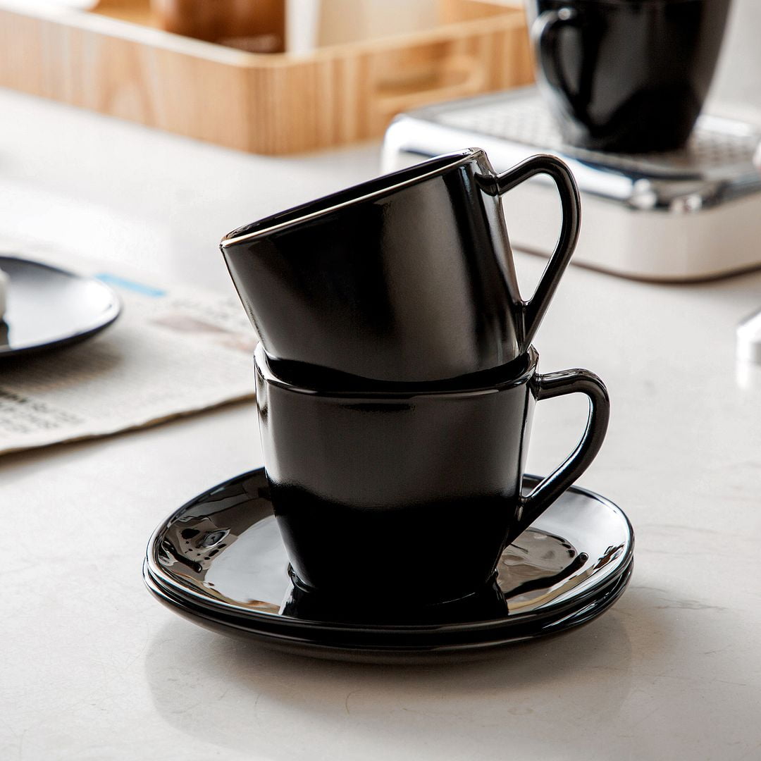 Opal Black Glass Marble Cup And Saucer Set 12 Malacasa, Series Dennis, 6-Piece Glassware Coffee Set Dinnerware Set, Black Square Coffee Cup And Saucer, 5.5'' 220 Ml