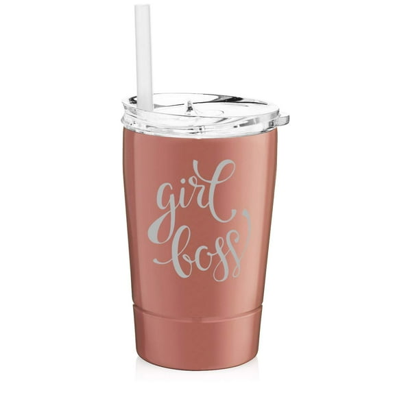 12 oz Tumbler Double Wall Stainless Steel Vacuum Insulated Coffee Travel Mug With Straw Girl Boss (Rose Gold)