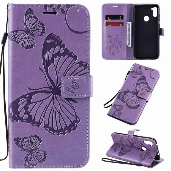 Galaxy A11 6.4 inch 2020 Released Wallet Case, Dteck 3D Butterfly Pattern Premium PU Leather Flip Cover Wallet Kickstand Magnetic Closure Credit Card Slots Holder Wrist Strap Cover, purple