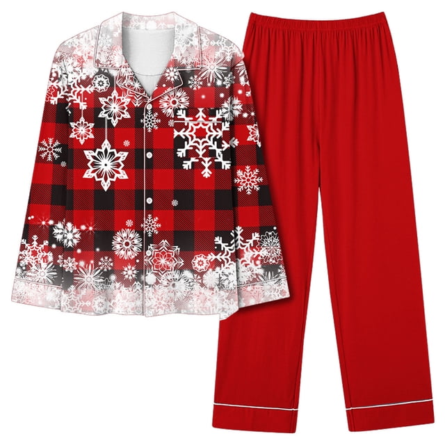 Puntoco Conjunto De Pijama Informal De Manga Larga Con Estampado Navideño Para Mujer (1 top + 1 Pantalón) Conjunto De Solapa De Manga Larga Rojo Xl