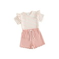 thumbnail image 2 of Toddler Girl Summer Outfits, 6 12 18 24M 3 4T Crew Neck Short Sleeve Striped Tops + Elastic Waist Wave Hem Shorts Infant Shorts Set, 2 of 10