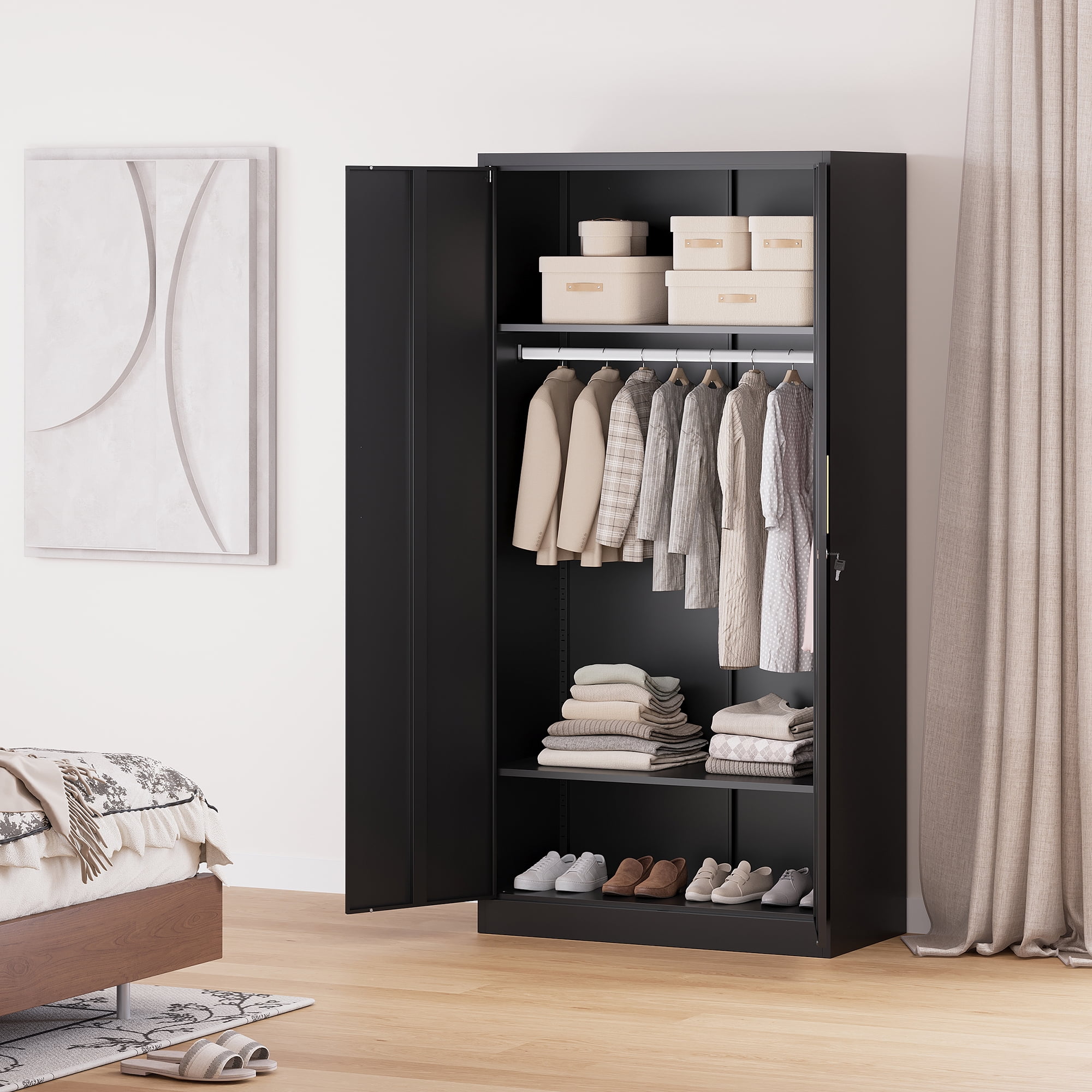 Fesbos Metal Wardrobe Cabinets with Lock, Clothing Locker 72" X 36" X 18" Storage Cabinets for Home Room,Fire Department, Employee,Gym,Government (Black)