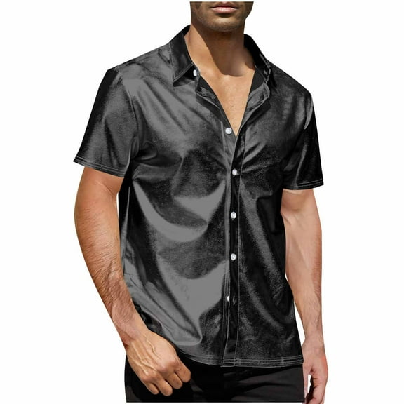 USNSM Mens Button Down Disco Shirt Outfit Retro 70s Shirts Sequin Metallic Short Sleeve Disco Outfits Party Clothes Solid Color Top Black L