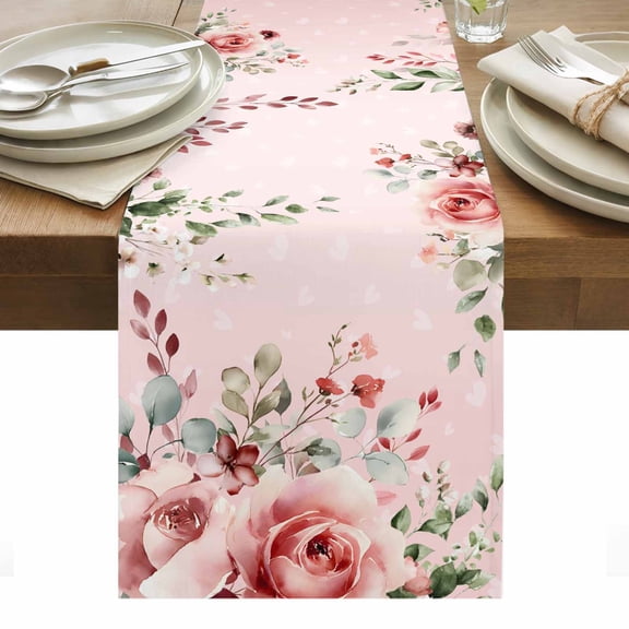 Pink Valentine's Day Table Runner - 48 Inch Long, Kitchen Dining Table Runner Dresser Scarves, Roses Romantic Art Spring Floral Farmhouse Decor for Coffee Tables Wedding Party Banquet