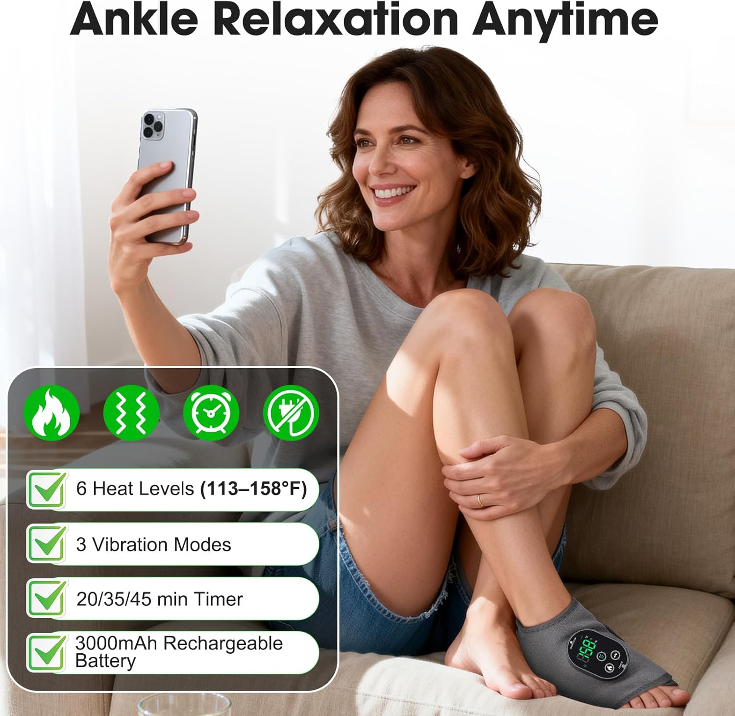Cordless Ankle Heating Pad, Ankle Massager with Heat, Foot Heated Massage Brace with 6 Heat Levels, 3 Timing & Vibration, 3000mAh Battery, Adjustable Strap for Left/Right Feet, Gray 2pcs