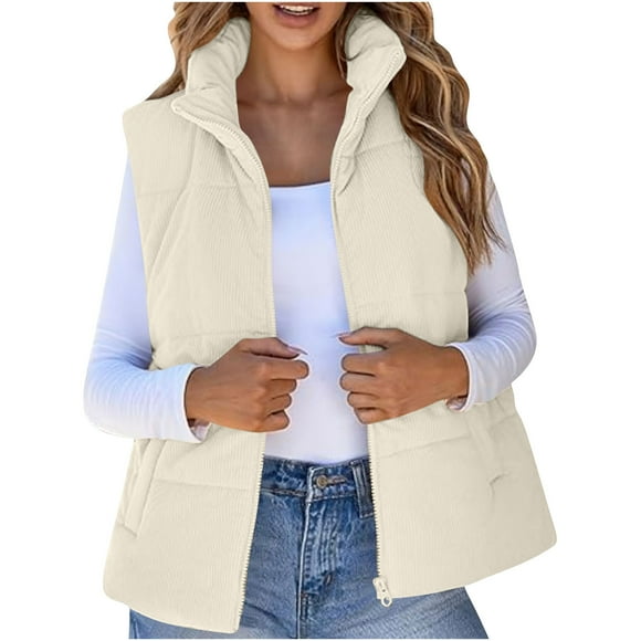 aohooy Puffer Vest Women Stand Collar Coat with Pockets Cropped Puffer Jacket Vest Winter Sleeveless Warm Lightweight Waistcoat White,M
