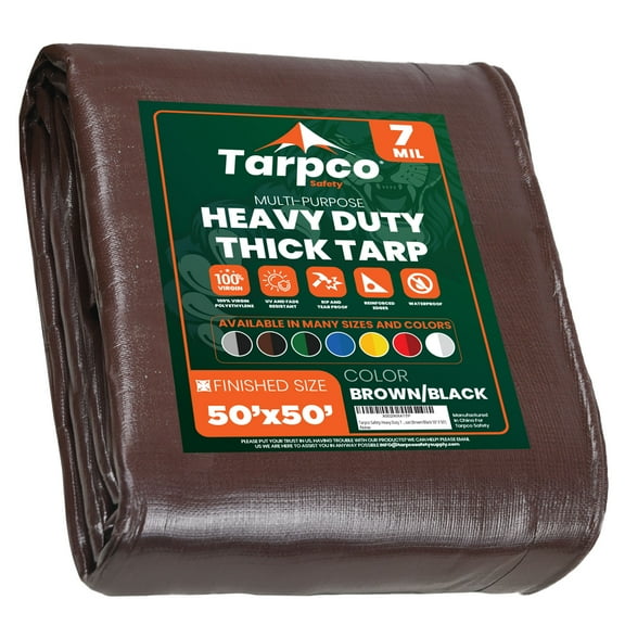 Tarpco Safety 7 Mil Heavy Duty Tarp Camping Tarpaulin Waterproof Cover, Brown and Black 50 x 50Ft