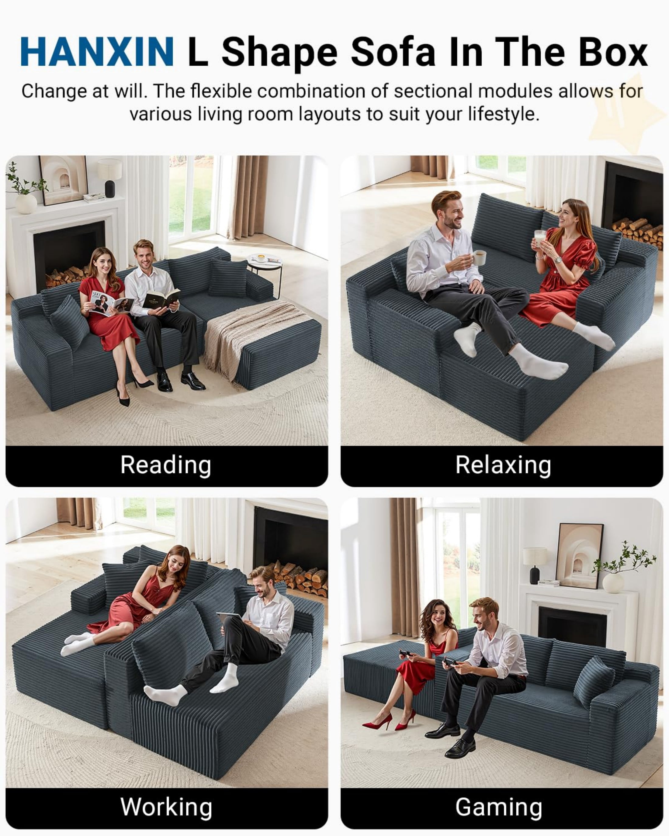 Aukfa 107" Cloud Modular Sectional Couch with Left-Facing Chaise, Corduroy Deep Seat Boneless Sofa for Living Room, Apartment, Gray