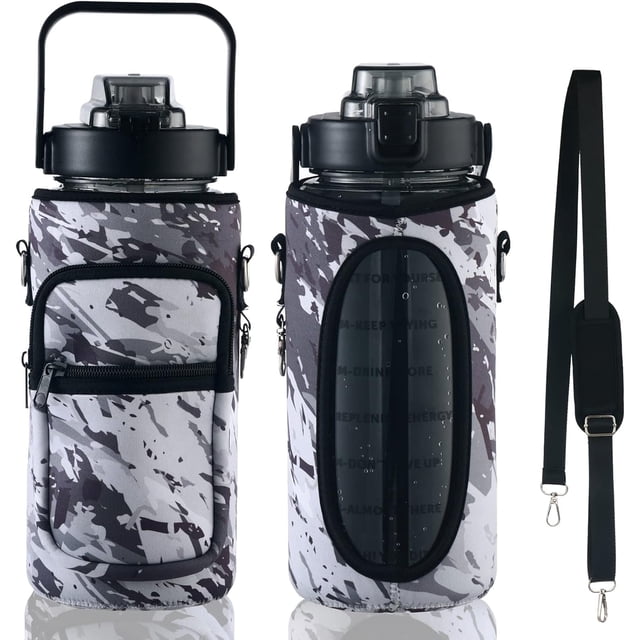 Half Gallon Water Bottle with Sleeve & Strap 64 OZ Motivational Water Bottles with Straw Large Wide Mouth Water Jug with Time Marker for Fitness, Gym and Outdoor Sports, Leak-proof & BPA Free