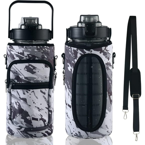 Half Gallon Water Bottle with Sleeve & Strap 64 OZ Motivational Water Bottles with Straw Large Wide Mouth Water Jug with Time Marker for Fitness, Gym and Outdoor Sports, Leak-proof & BPA Free