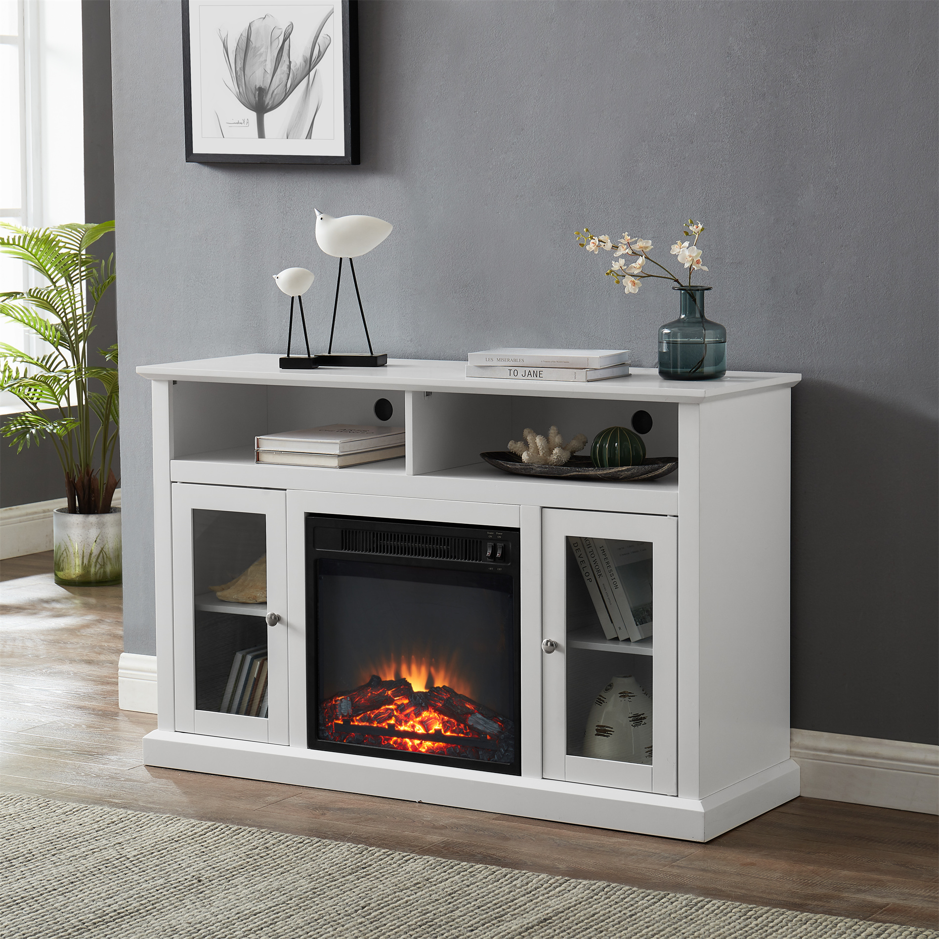 Modern Electric Fireplace TV Stand with Insert Fireplace, Sliding Barn Doors and Adjustable