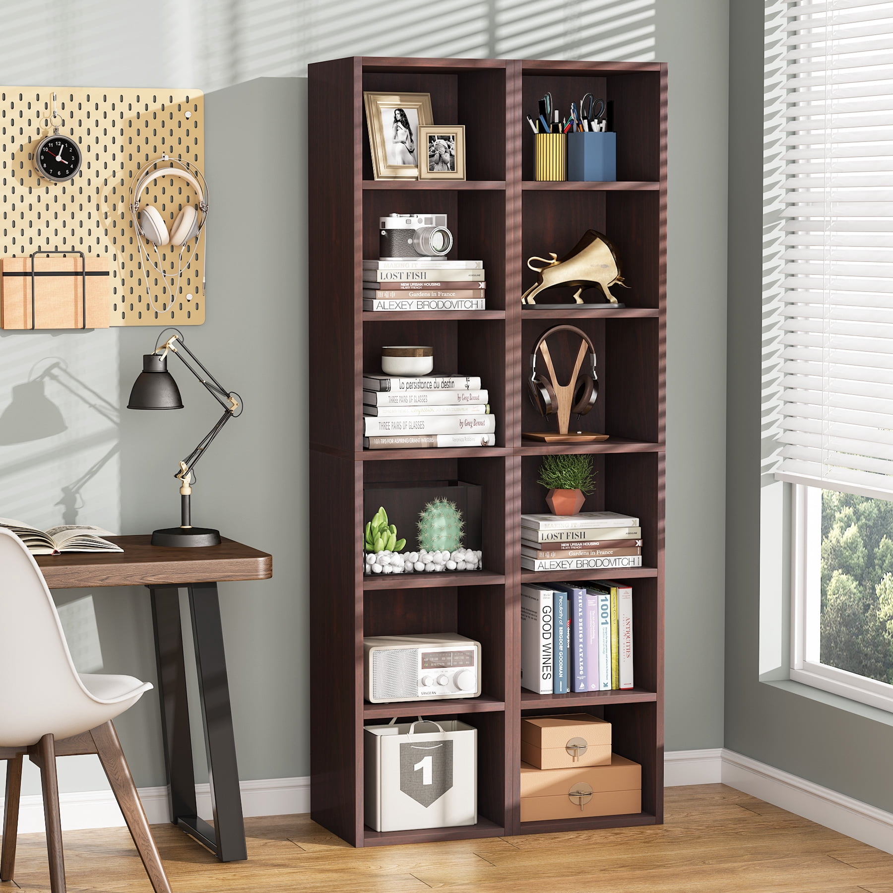 Tribesigns Corner Bookshelf Living Room 6-Tier Bookcase Wood Composite Walnut, 37.47 lb