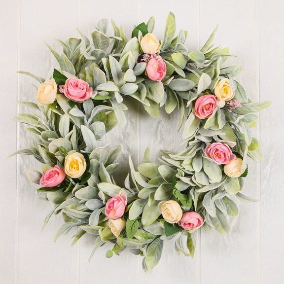 Taicans 20in Artificial Flower Wreath with Pink Yellow Roses and Green Leaves,Spring Summer Door Hanging Decor for Home Wedding Party,Festive Holiday Wreaths for Front Door Wall