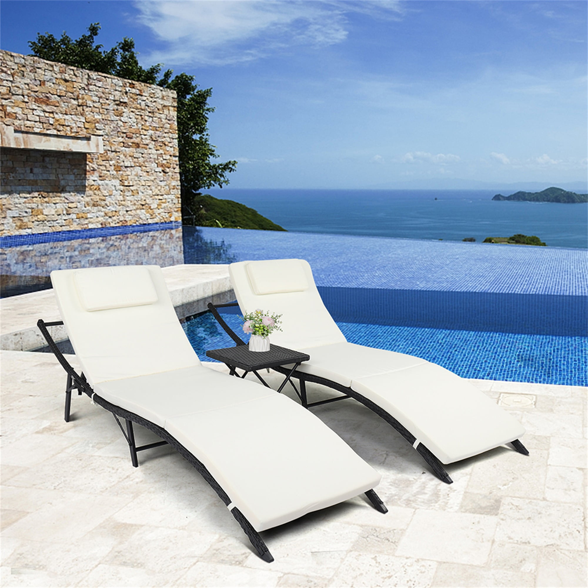 GVN Outdoor Chaise Lounge Chairs Set of 3, Waterproof Folding Bed Easy Assembly, Lightweight for Patio, Poolside, Beach, Yard, Black Four Lines GVN Outdoor Chaise Lounge Chairs Set of 3, Waterproof Folding Bed Easy Assembly, Lightweight for Patio, Poolside, Beach, Yard, Black Four Lines