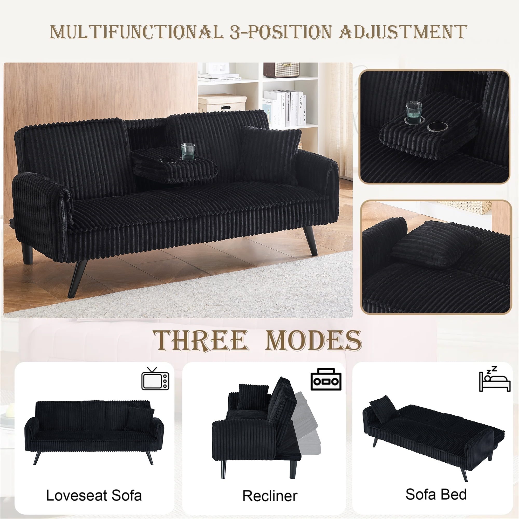Aukfa 72" Futon Convertible Sofa Bed, 2 Cup Holders& Pillow, Straight-line Tufted Corduroy, Black