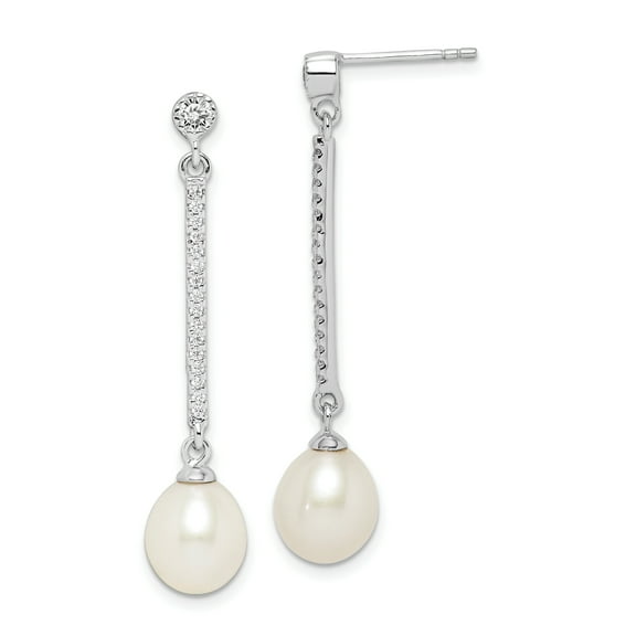 Primal Silver Sterling Silver Rhodium-plated 8-9mm White Rice Freshwater Cultured Pearl Cubic Zirconia Earrings