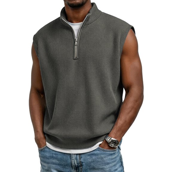 GrmtClth Men's Waffle Knit Sleeveless Vest 2026 Quarter Zip Lightweight Casual Workout Tank Tops Soft Breathable Athletic Tops for Gym Street Style Shirts Dark Gray 2XL