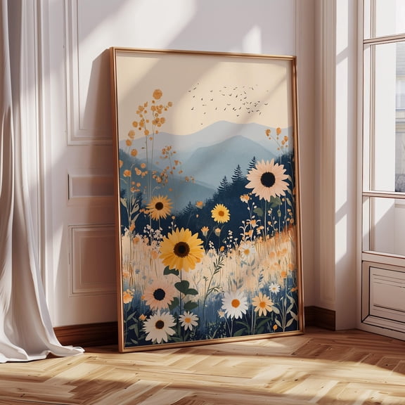 Sunflower And Wild Daisy Meadow Boho Floral Landscape Mountain Field Print With Birds And Wildflowers Wall Art, Modern Wall Decor, 8x12 UNFRAMED