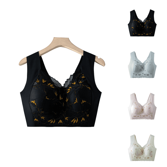 Ahuyic Womens Bra,Summer Plus Size Bra,Womens Daily Wide Shoulder Lace No-underwire Comfortable Breathable Bra,Black,XXXL