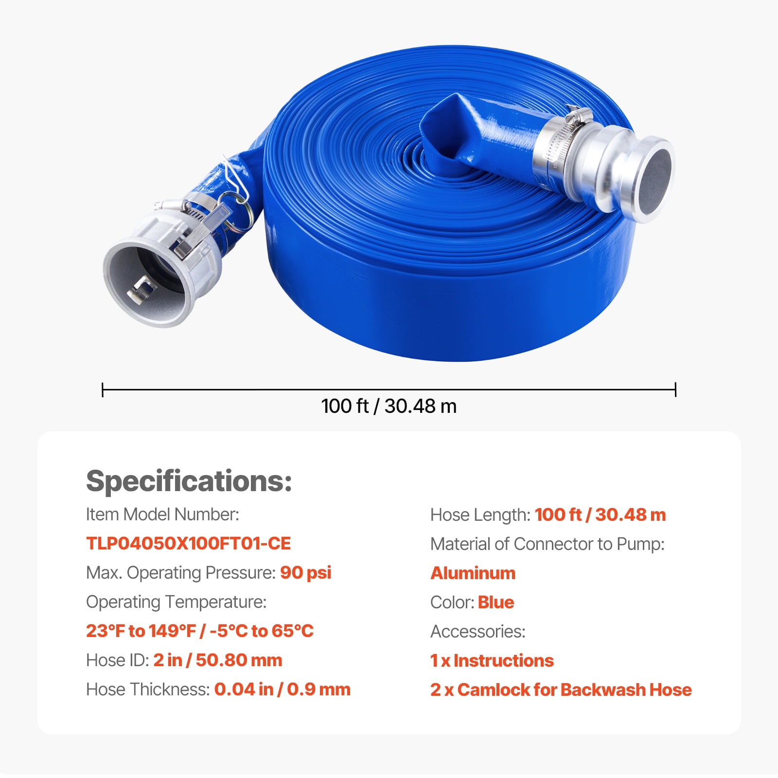 VEVOR Backwash Hose, 2 in x 100 ft, Blue High Quality PVC Hose, with Clamps, Camlock, Aluminum Fittings, Fit Various Pumps, for Sewage Treatment, Water Transportation and More Agricultural Purposes