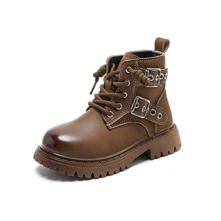 

Frontwalk Children Combat Boot Side Zipper Booties Lace Up Ankle Boots Walking Non Slip Shoes Girls Boys Buckle Strap Brown 1little kids