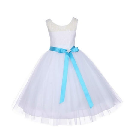 White Satin Tulle Dress - Ekidsbridal Formal Satin Floral Lace Bodice Tulle White Flower Girl Dress Bridesmaid Wedding Pageant Toddler Recital Graduation Reception Holiday Communion Birthday Baptism Special Occasions 153R