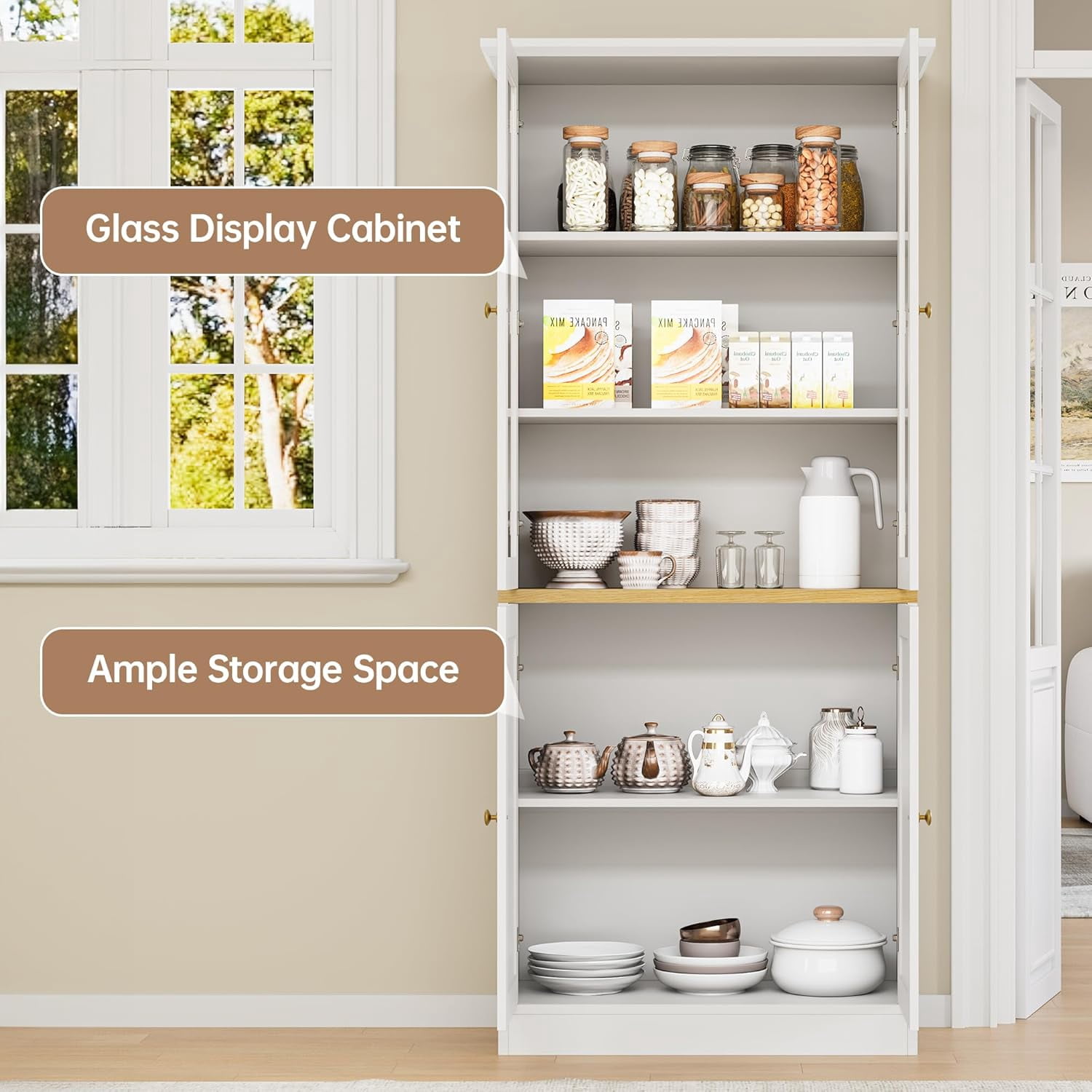 SELOOYE Kitchen Pantry Cabinet, 71" Modern Glass Display Cabinet with Wood Doors, Tall Storage Cabinet with Adjustable Shelves, Freestanding Cupboard for Living Room, Dining Room, Kitchen, White