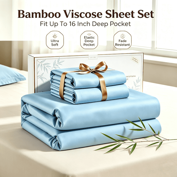 Bamboo Viscose Sheet Set 4 Piece Extra Deep Pocket Fit Up To 16 Inch Mattress Elastic Edge Ultra Soft Fade Resistant Skin Friendly Bedding For Bedroom Dorm-Queen