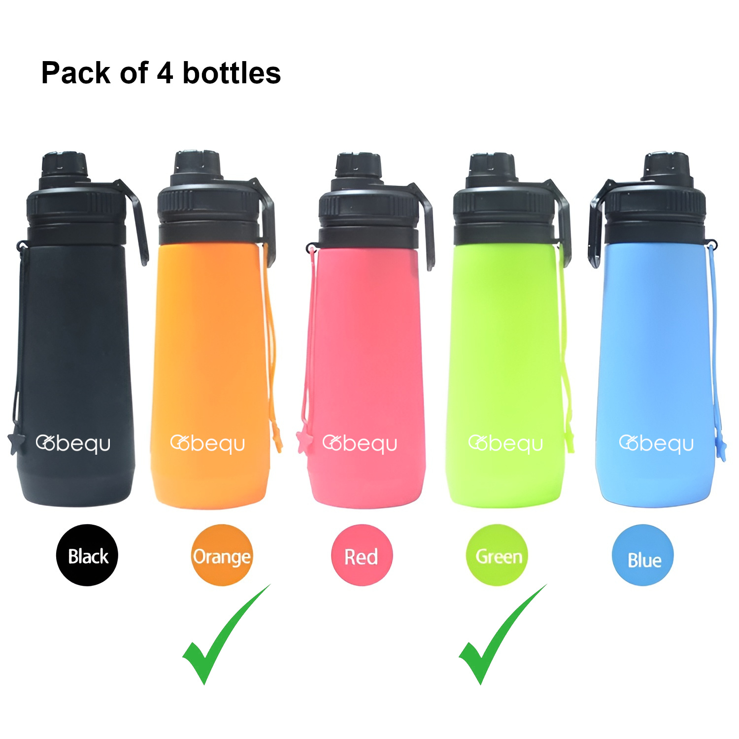 BEQU 750ml/25 Fl Oz Foldable Silicone Water Bottle, Reusable, BPA Free, Dishwasher-Safe, Sports bottle for Travel Gym Camping Hiking, Portable, Leak Proof (4PK MC4)