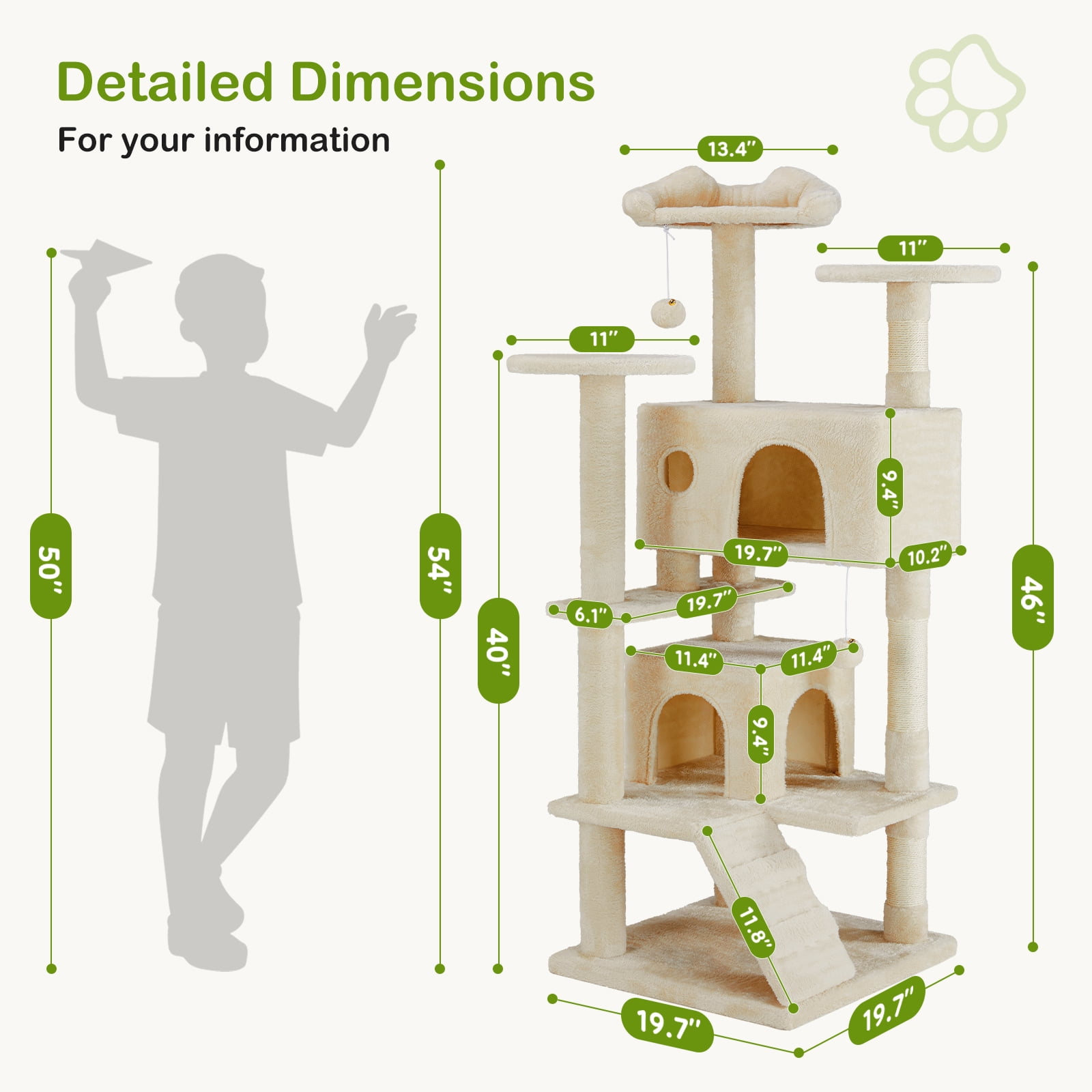JIOABL Multi-Level Cat Tree Tower - 54-Inch Cat Tower with Large Condo, Climbing Ladder, Plush Toy, and More Cat Stuff, Beige