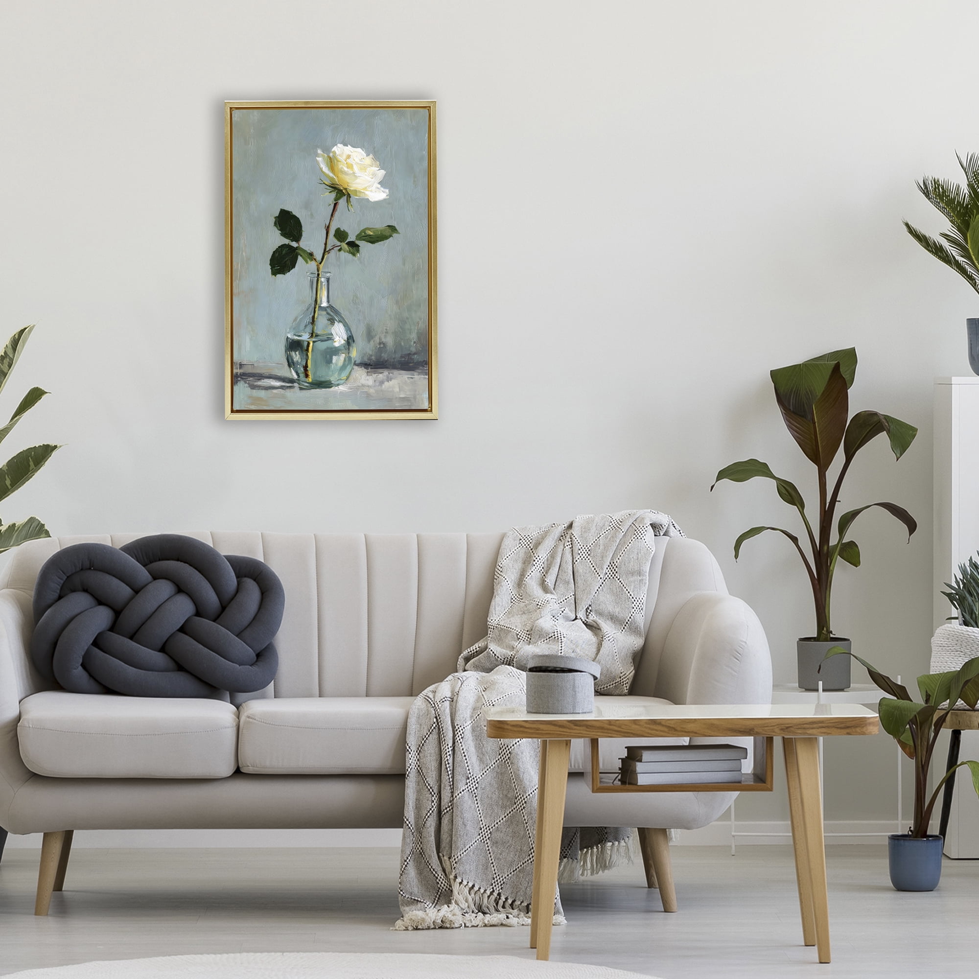 Stupell Industries Sweet White Rose in Vase Gold Framed Floater Canvas Wall Art, design by Petal Prints Design