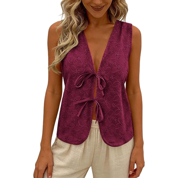 Women's Tank Tops Solid Color Deep V-Neck Tank Top with Floral Cutout and Tie-Front Detail Boho Style Elegant Minimalist Casual Daily Wear Business Versatile