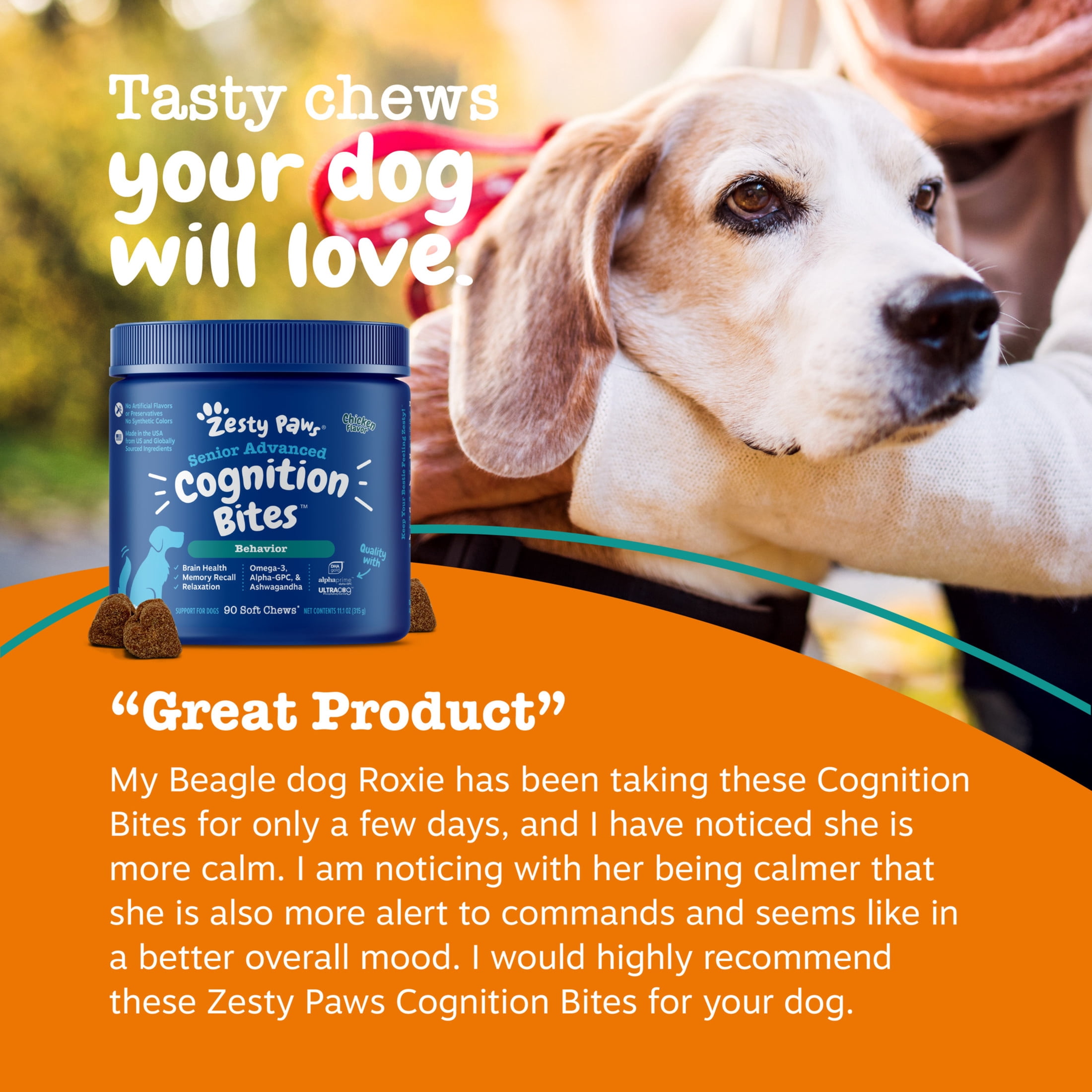 Zesty Paws Senior Advanced Cognition Bites Chicken Flavor Dog Supplement, 90 Count