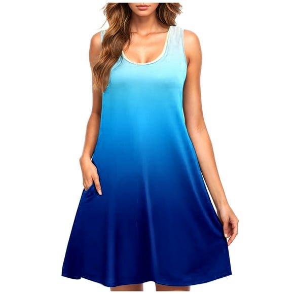 KIHOUT New Arrivals Summer Dresses for Women, Casual Plus-size Sleeveless Crew Neck Gradient Short Nightdress with Pockets