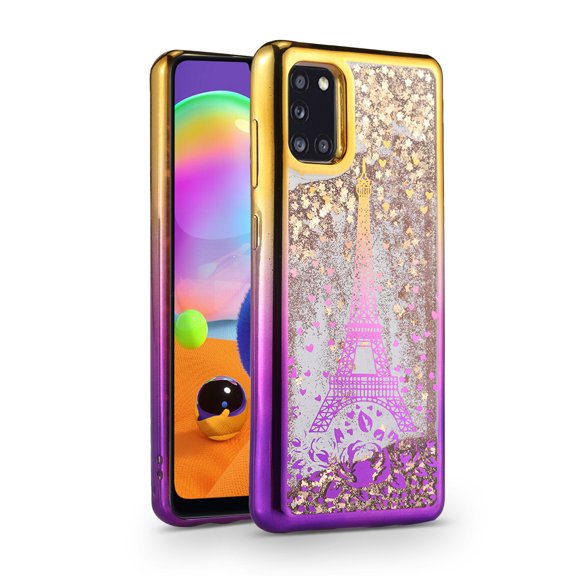 For Samsung Galaxy A51 / SM-A515 Sparkling Glitter Liquid Floating Hearts Stars Shockproof Hybrid Case Cover Gold/Purple