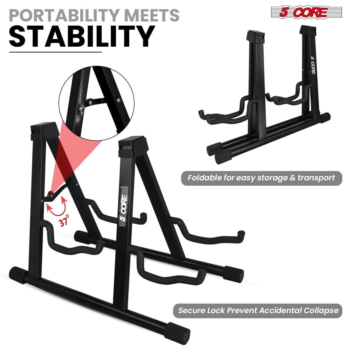 5 Core Double Guitar Stand A-Frame with Foam Arms & Non-Slip Rubber – Fits Acoustic, Electric, Bass, Ukulele, Banjo – Yellow