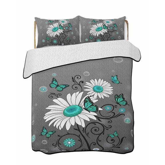 Full Size Quilt Bedding Set, Daisy Butterfly Reversible Summer Quilt 3 Pieces, Spring Floral Teal Butterflies Modern Art Lightweight Bedspreads Coverlets with 2 Pillow Shams for All Seasons