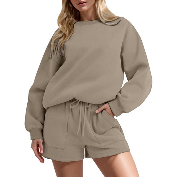 JIAYUE Women 2 Piece Outfits Sets Casual Long Sleeve Shorts Pocket Drawstring Solid Color Round Neck Top Loose Fit Female Trendy Clothing Set
