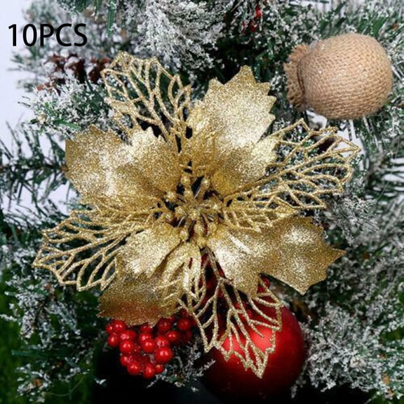 10Pcs 11cm /4.3in Silver Poinsettia Artificial Flowers Glitter Christmas Tree Poinsettia Decorations for Xmas Wedding Party Wreath,Gold
