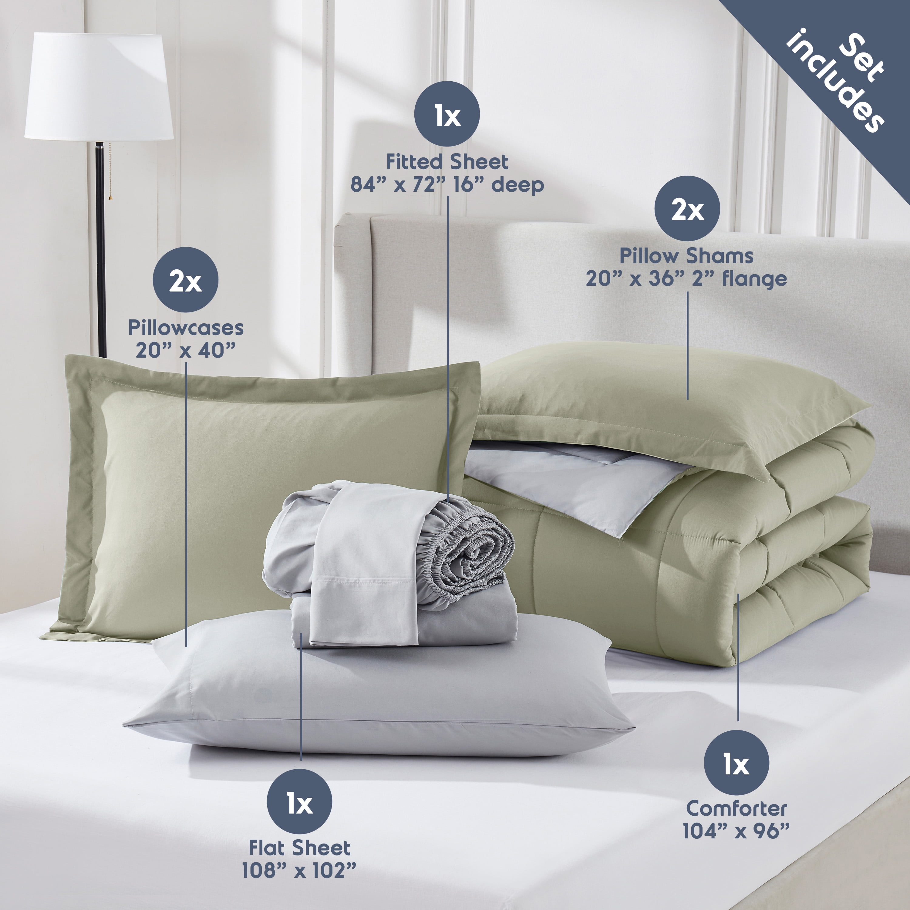 LammaLoe King Comforter Set, With King Sheets, Reversible Bed In A Bag 7 Piece, Bedding Set, Light Sage