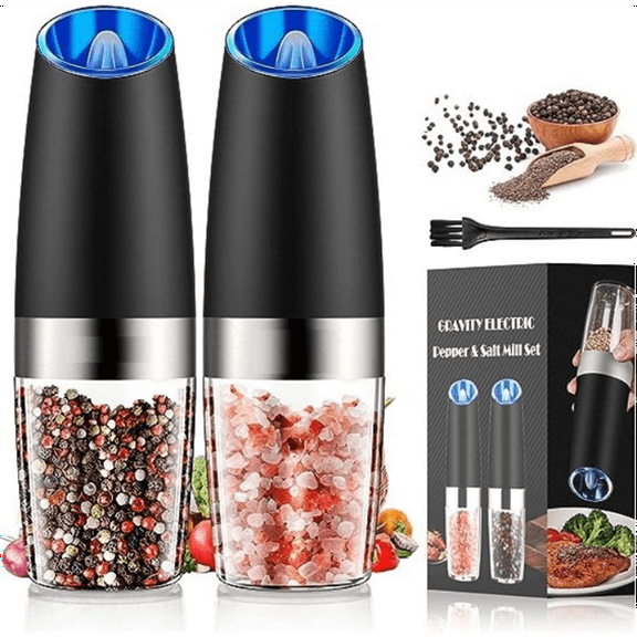 2 Pack Electric Pepper and Salt Grinder Set, Adjustable Coarseness, Battery Powered with LED Light, One Hand Automatic Operation, Stainless Steel Black